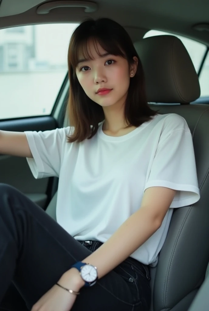 (masterpiece:1.3), (8K, Photorealsitic, Raw photography, Top image quality: 1.4),Japanese high school girl,Luxury,Neat and clean beauty,Beautiful double eyelids,Chest shirt,Car passenger seat,Sit up,Beautiful thighs,Ultra Mini,