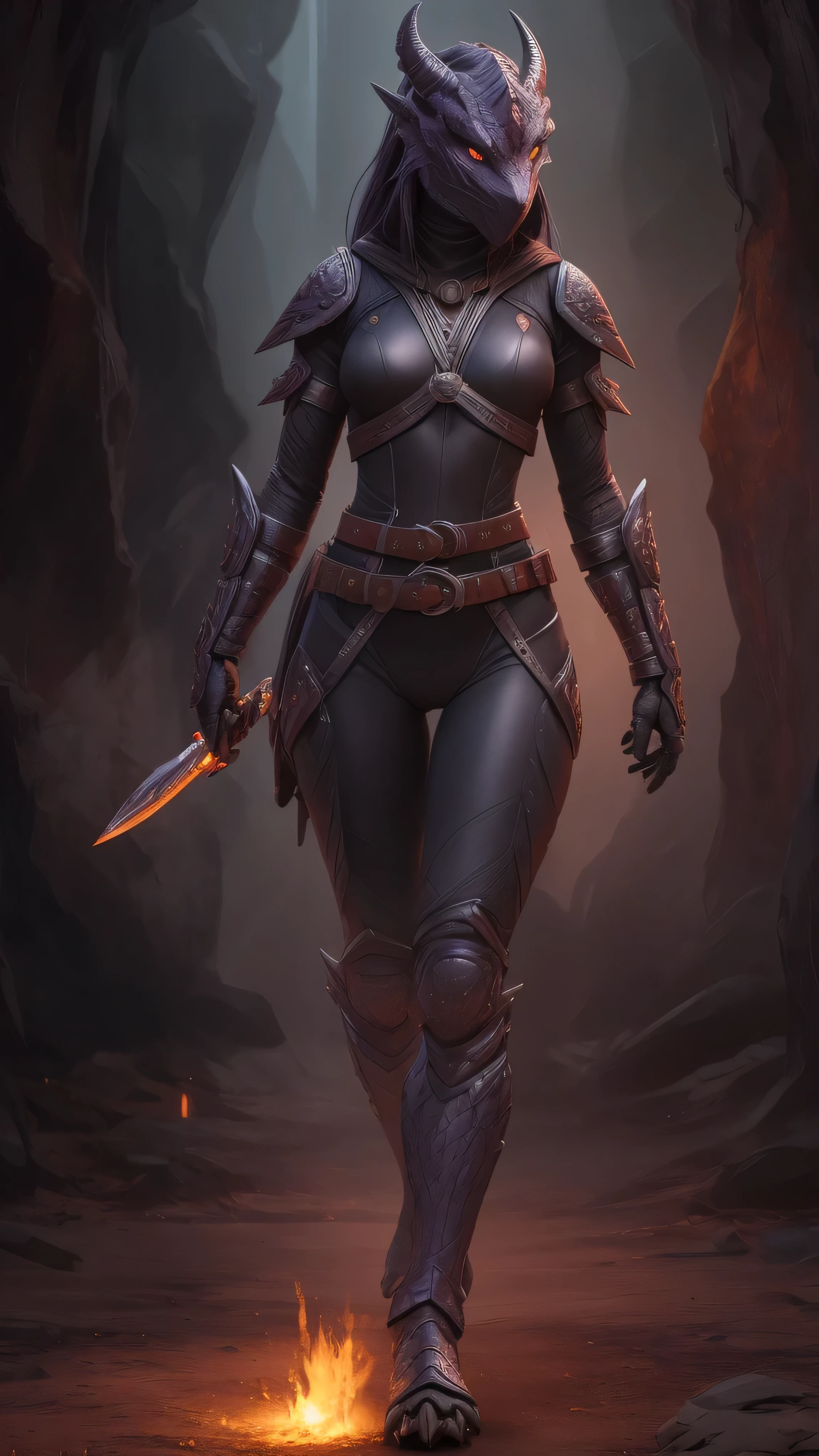 Dragonborn, female, dark purple dragonborn, black form-fitting ninja suit, lightweight materials, protective plates on arms and legs, with scale elements, dragon style, ninja mask, partially hidden face, shurikens, kunai, belt, amulet, bright dragon glow, stealth mission, (insanely detailed, beautiful detailed face, masterpiece, best quality), cinematic lighting, 1woman, solo, (full body view), front view, looking at viewer, intricate, high detail, sharp focus, dramatic, photorealistic painting art by greg rutkowski