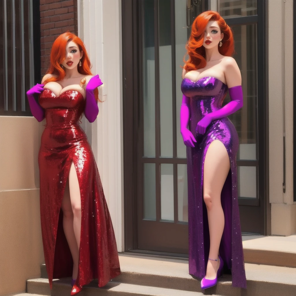 masterpiece, high quality,   Fr3ckles, freckles, long hair, ginger hair,  grey eyes,  j3ss1c4r4bb1tdr3ss, cleavage,purple elbow gloves, long red glitter dress,side slit,strapless dress,full body