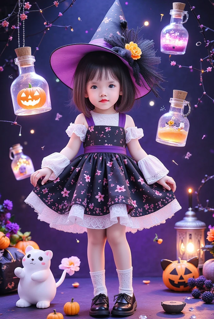 MiMi, a ,, cute girl, (Best quality, masterpiece, ultra high res, ultra-detailed), Kuromi, Halloween,Little witch alchemist in a dress that changes colors with emotions, surrounded by floating potion bottles containing miniature Halloween worlds, her familiar creatures are made of constellation patterns, background of swirling magical formulas