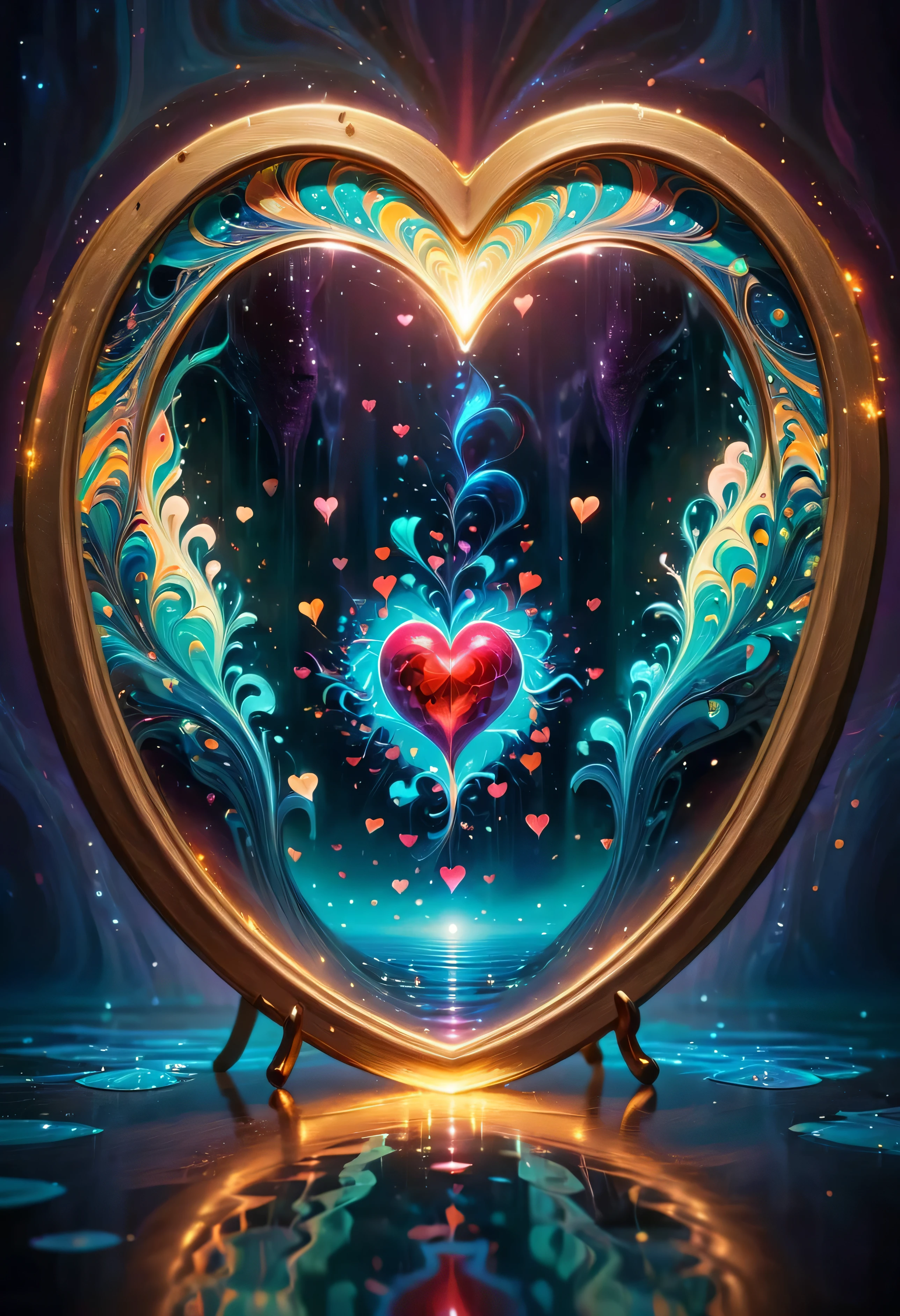(((Masterpiece))), Best Quality, High-resolution photograph, Sharp details, Create a high-definition, an abstract and surreal artwork inspired by Rumi's quote: "As you live deeper in the heart, the mirror gets clearer and cleaner." The artwork should prominently feature a glowing heart that radiates warmth and happiness. A mirror is also central, reflecting clarity and purity as if cleansed by deep emotional or spiritual growth. The overall tone of the piece should feel ecstatic, surreal, and uplifting, blending dreamlike elements with vibrant, glowing visuals to evoke a sense of deep joy and self-discovery. 4k, 8k