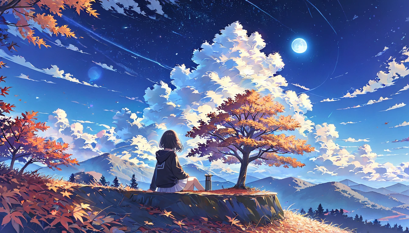 A woman,pastel,Women sit, black hoodie,White skirt,Short hair,A tree,Under the tree,Tree on top of the mountain ,Autumn Leaves,Under the blue sky,The light shines,Horizontal Line, bright white clouds ,clear,Many stars, intense moonlight , seen from a distance ,A touching scene,Strong contrast