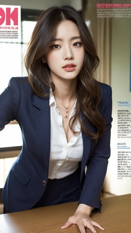 (masuter piece:1.3), (8K, Photorealsitic, Raw photography, top-quality: 1.4), (1girl in), 独奏、beauitful face, (Lifelike face), Beautiful hairstyle, realisticeyes, beautiful detail, (real looking skin), Beautiful skins, enticing, The ultra -The high-definition, A hyper-realistic, A hyper-realistic, ighly detailed, (small tits:1.3), (cleavage of the breast:0.8), White button-up shirt、a belt、Black leather tight skirt、Like Ohara Ratajkowski Japan, Semi-long curly hair, bangss, (Brown hair, small tits:1.3), (slim figure)), Kojiri, Fashion Model Pose