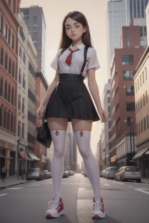 A giant high school girl stepping on an ant、barefoot、mini city