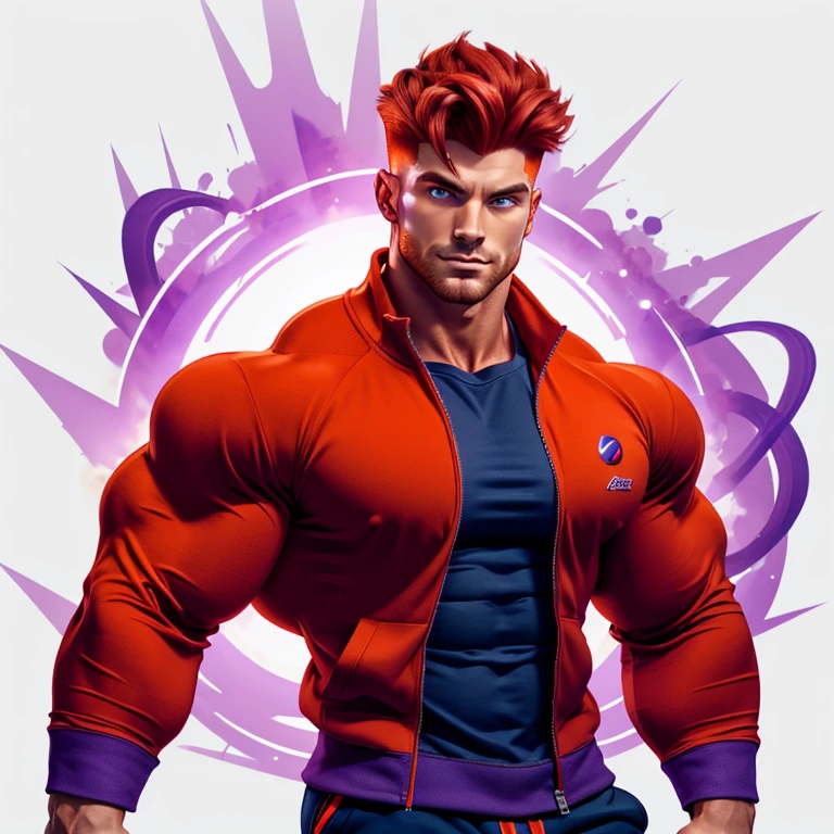 a very handsome, muscular man, red hair, wearing an orange open-zip sweatshirt with a dark blue shirt underneath, on a white background, purple aura, spectacular purple aura around the body, aura, Ki Charge, red aura