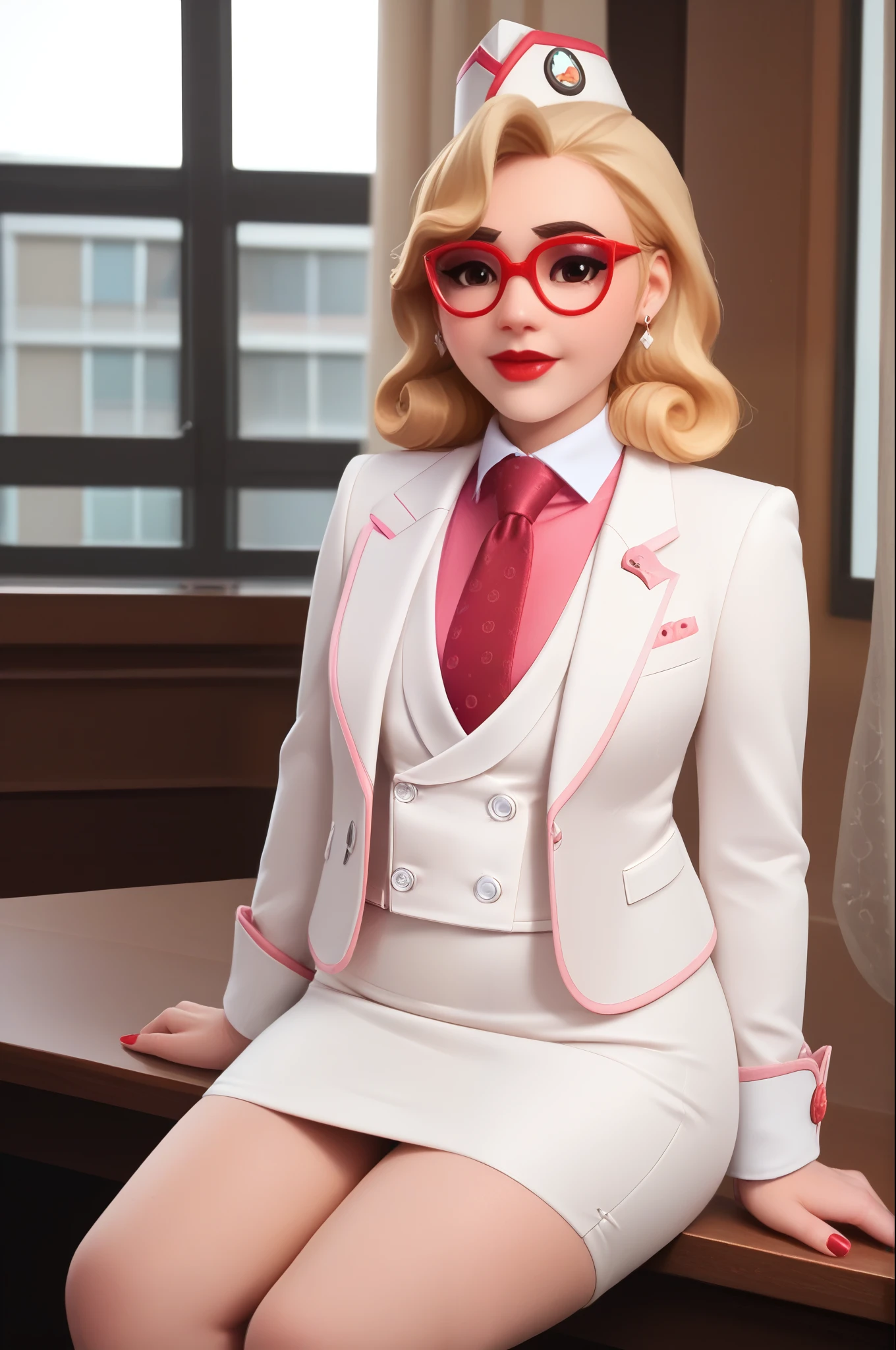 score_9, score_8_up, score_7_up, 1girl, sprinkles mei, mei (overwatch),  three-piece suit, 1girl, solo, blonde hair, glasses, sprinkles mei, smile, pretty, formal, jewelry, (((white skirt suit))), (((red silk necktie))), earrings, (((white jacket))), (((pink shirt with white collar))), sitting on table, (((high heels))), window, watch, jacket, wristwatch, white shirt, red lips, (((white pencil skirt))), (((bodycon pencil skirt))), makeup, black stockings, garter straps, cufflinks, red nails, fully clothed, red lipstick,   in a 50´s restaurant, long sleeves, shiny clothing, tight clothing, (((tight skirt))), silk shirt fabric