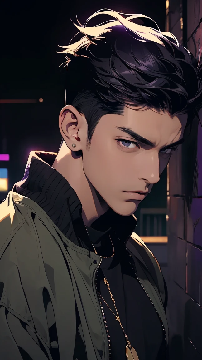 highest quality, 8K, high resolution image, anime style Jujutsu Kaisen, (Daiki Aomine) detailed strokes, dark skin, blurry, purple light reflecting from it, (close angle), 1 man, male, model, cool guy, athletic type, multicolored background with different geometric shapes, around stickers, muscular, black hair, brown eyes, short hair, Black spiky hair, puffy chest. he is wearing a T-shirt under a jacket and sweatpants, hand in trouser pocket, gold link chain background: night, in a dance club, party, he is in a private area with champagne,