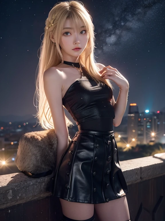 Astrid,  thin body,  small bust ,  bare shoulders , mini skirt, black stockings, starry sky, night