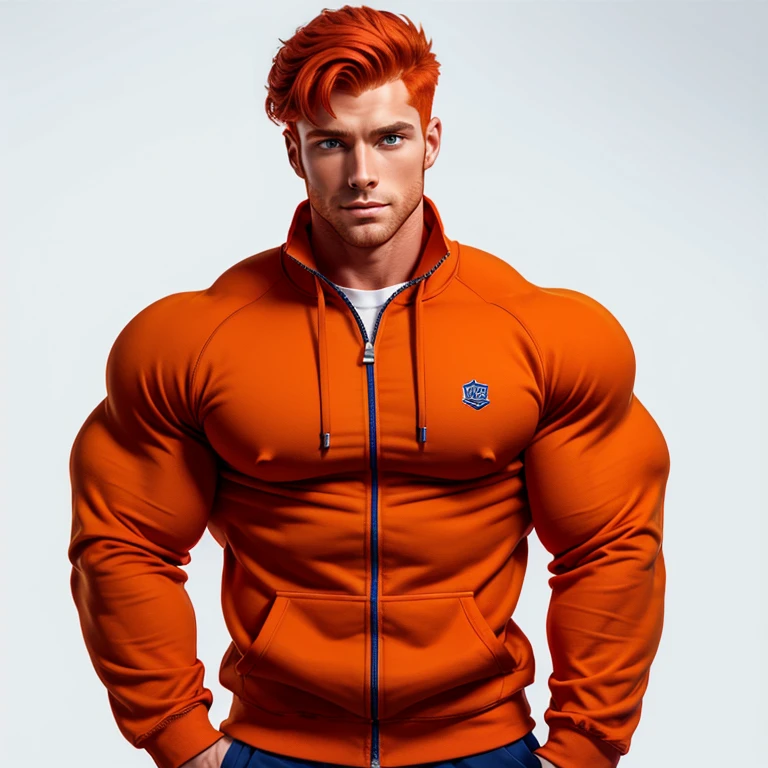 a very handsome, red-haired, massively muscular man, with massively large muscles, with massively large biceps, with massively large arms, wearing a simple purple sweatshirt with long sleeves, in an apartment