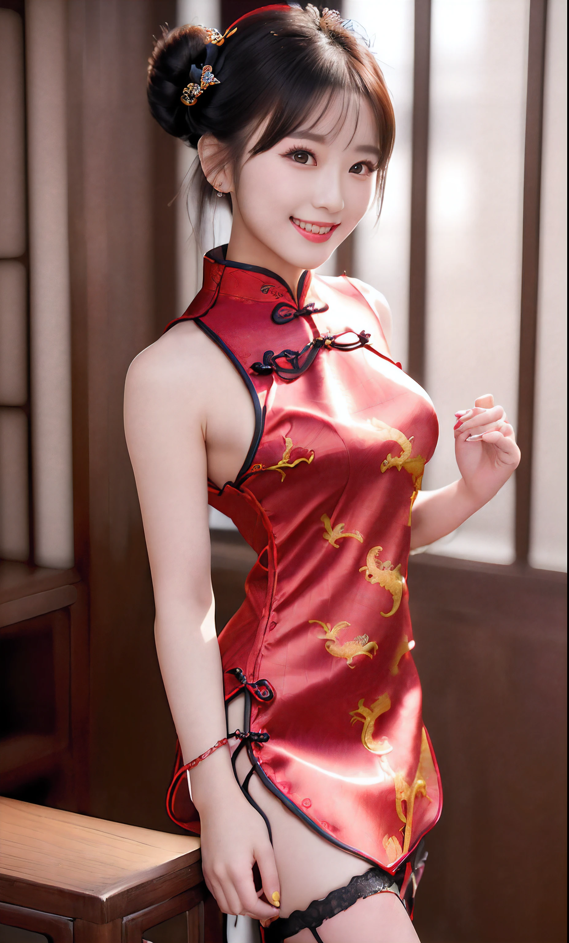 (ultra best quality、超A high resolution、８ｋ、​masterpiece:1.3)、Beautiful Women in Perfect Figure:1.4、、Black hair、((Cheongsam in fishnet stockings))、((((((No background)))))、kawaii、extremely detailed face and skin、Detailed eye、double eyelid、Skinny Legs、The best smile、(((１a person)))、(Hands folded behind your back)、((The whole body is in the viewer))、The best smile、Extraordinary beauty、Age is s、Facing the front、perfectly proportions、((Cheongsam with dragon design))、Widened slit、length hair、good,