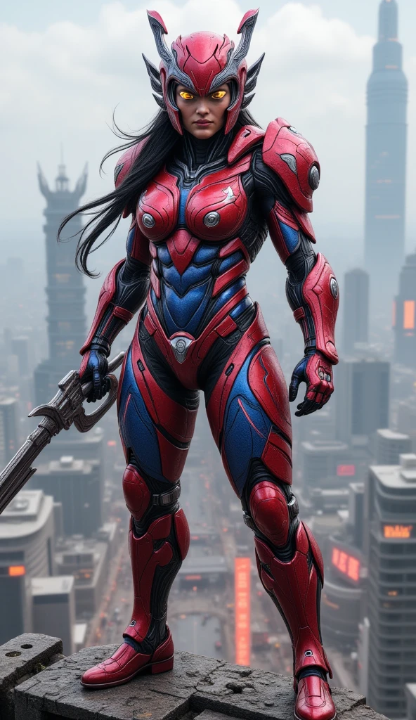 A realistic female superhero inspired by DC, clad in a high-tech, tactical armor that fuses seamlessly with the culture, mythology, and symbols of Taiwan. Her suit is adorned with intricate patterns inspired by traditional Taiwanese art and mythical creatures like dragons and phoenixes, reflecting a deep connection to the island’s heritage. The armor's primary colors are red, blue, and white, symbolizing the colors of the Taiwanese flag, with glowing accents that add a futuristic edge. She wields a custom modernized version of the Honduran macuahuitl, enhanced with energy blades, and a sleek, advanced Garrote that can emit electric currents. The image is captured in a wide shot, giving full view of the superhero's detailed suit and the expansive background, which combines Taiwan’s vibrant cityscape with ancient temple architecture. The superhero stands in a dynamic, confident pose, ready for action, exuding both strength and grace. The scene merges Taiwan's cultural richness with advanced technology, creating a character that embodies both tradition and futuristic innovation.

