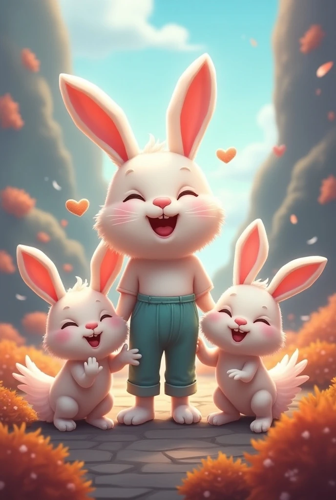 Four animal boys dressed in,3 boys and 1 girl rabbit snuggling together