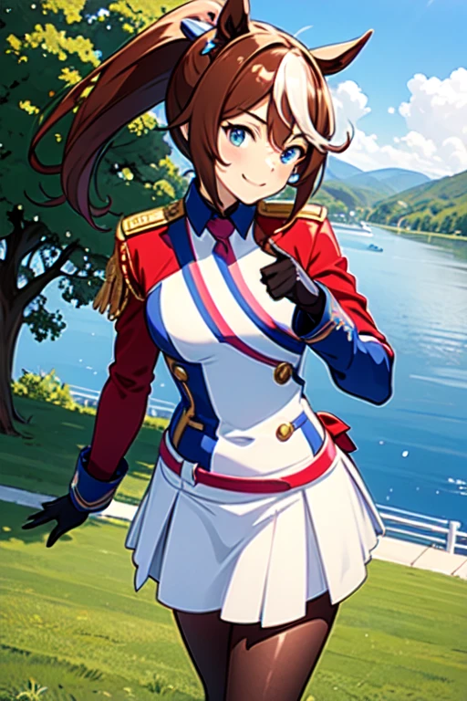 Tokai Teio,smile,high ponytail,fake animal tails,girl,nsfw,masterpieceHighly detailed backgrounds,best quality,smug,Near the sea,rider suit