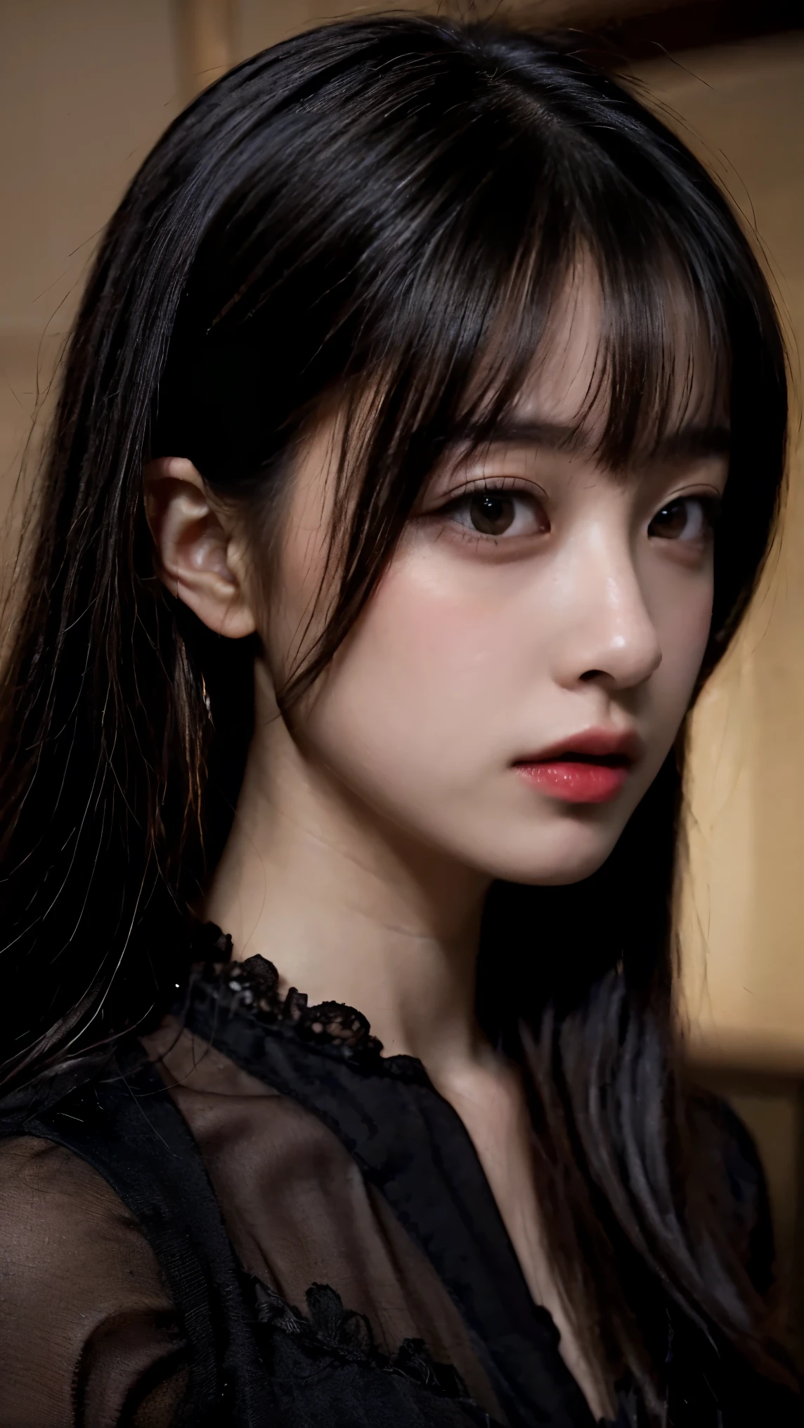 ( Japanese Horror Film :1.5)、( horror movie-like lighting :1.2)、fear、Cold Stare、 close-up of a woman wearing a black long sleeve top and long skirt,  Professional Cosplay , Dressed in modern Gothic clothing,  Highly Detailed Pictures 、（dim creepy room :1.3）、（ black hair straight long:1.2）、(Super no makeup:1.5)、(8k、RAW Photos、Best Quality、masterpiece:1.2)、(Realistic、Realistic)
