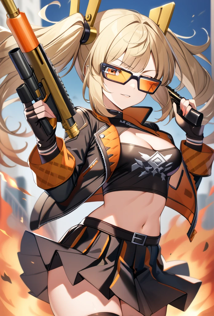 1girl, solo, breasts, looking at viewer, bangs, skirt, blonde hair, shirt, thighhighs, gloves, long sleeves, navel, holding, cleavage, twintails, medium breasts, jacket, weapon, cowboy shot, pleated skirt, one eye closed, open clothes, black gloves, midriff, miniskirt, fingerless gloves, black skirt, stomach, holding weapon, open jacket, zettai ryouiki, black jacket, crop top, orange eyes, gun, cleavage cutout, sunglasses, fire, holding gun, dual wielding, tinted eyewear, looking over eyewear