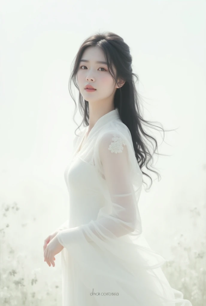 （Highly detailed body，Highly detailed face，Best quality at best：1.2） ，A woman who is，（Dandelions flutter in the wind in the background)，a Korean girl，HD photo effects,Artistic photos,lacy white dress，Long black hair，Long hair to the waist，beautiful  face,No bra，A plump chest。