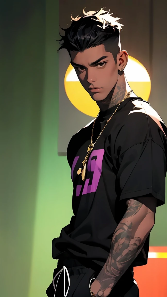 highest quality, 8K, high resolution image, anime style Jujutsu Kaisen, (David Martinez), dark skin, detailed strokes, dark skin, blurry, purple light reflecting from it, (close angle), 1 man, male, model, cool guy, athletic type, multicolored background with different geometric shapes, around stickers, muscular, black hair, brown eyes, short hair, Black spiky hair, puffy chest. he is wearing a T-shirt under a jacket and sweatpants, hand in trouser pocket, gold link chain background: night, in a dance club, party, he is in a private area with champagne,