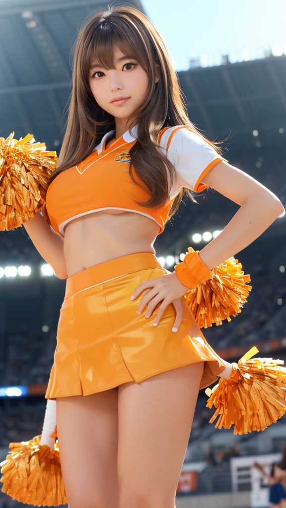 (masterpiece, best quality, photorealistic, raw photo,1 girl, sexy girl, beautiful girl, young girl, solo, Realism,natural light, ray tracing, Subsurface scattering, high-resolution, realistic style, 8k , official art, aesthetic, high contrast, extreme detailed background, soothing tones, realistic, beautiful face, perfect face, detailed face, detailed hair, 20 years old:1.2), blush,Blunt bangs,long hair,detailed pussy (bottomless ,no panties,pussy:1.5),smiling, (from below:1.3), (skirt lift up:1.5), (red and yellow detailed mini skirt:1.3), (cheerleader, cheerleading:1.3),pussy, (stadium:1.3),sexy_cheerleader,crop shirt underboob