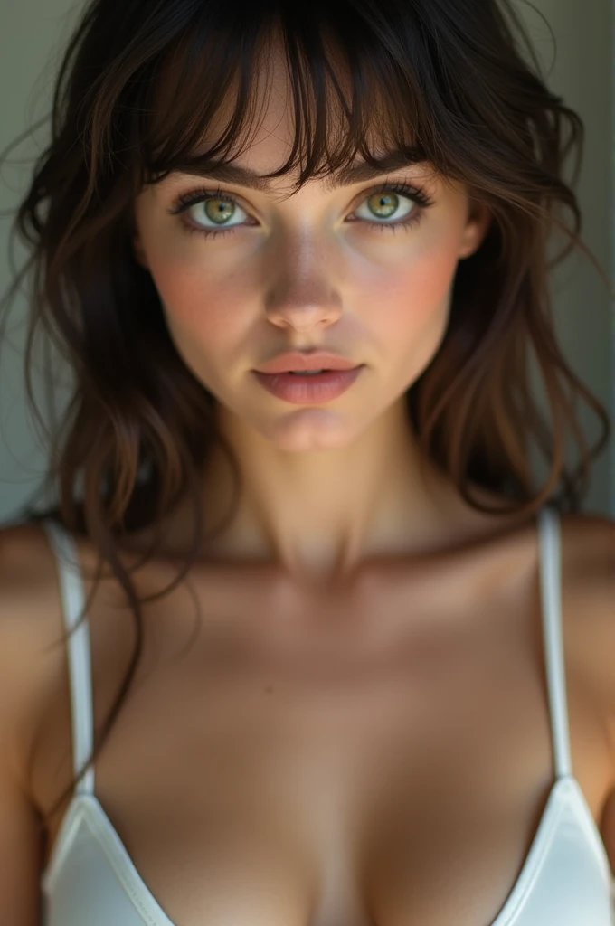 A close-up portrait of a young woman with fair skin, dark brown hair, and green eyes. She has natural makeup with defined eyebrows and soft lips. She is wearing a gray tank top, and the background shows a softly lit indoor environment. The woman has an expression that is calm and slightly serious, with her hair slightly tousled, giving her a casual and natural look.