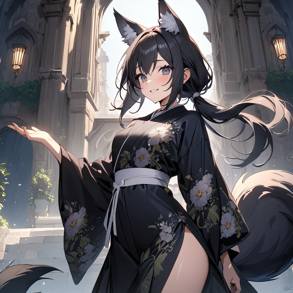 Masterpiece Best quality, the best definition to add aesthetic and lighting details Black girl jackal, teen girl, ,black body, japanese shrine landscape mt fujisan, golden tattoo body, sensual eyes, yellow pupil, glowing eyes, back pose, vista desde atras, cola peluda desde la base del coccis add_detail