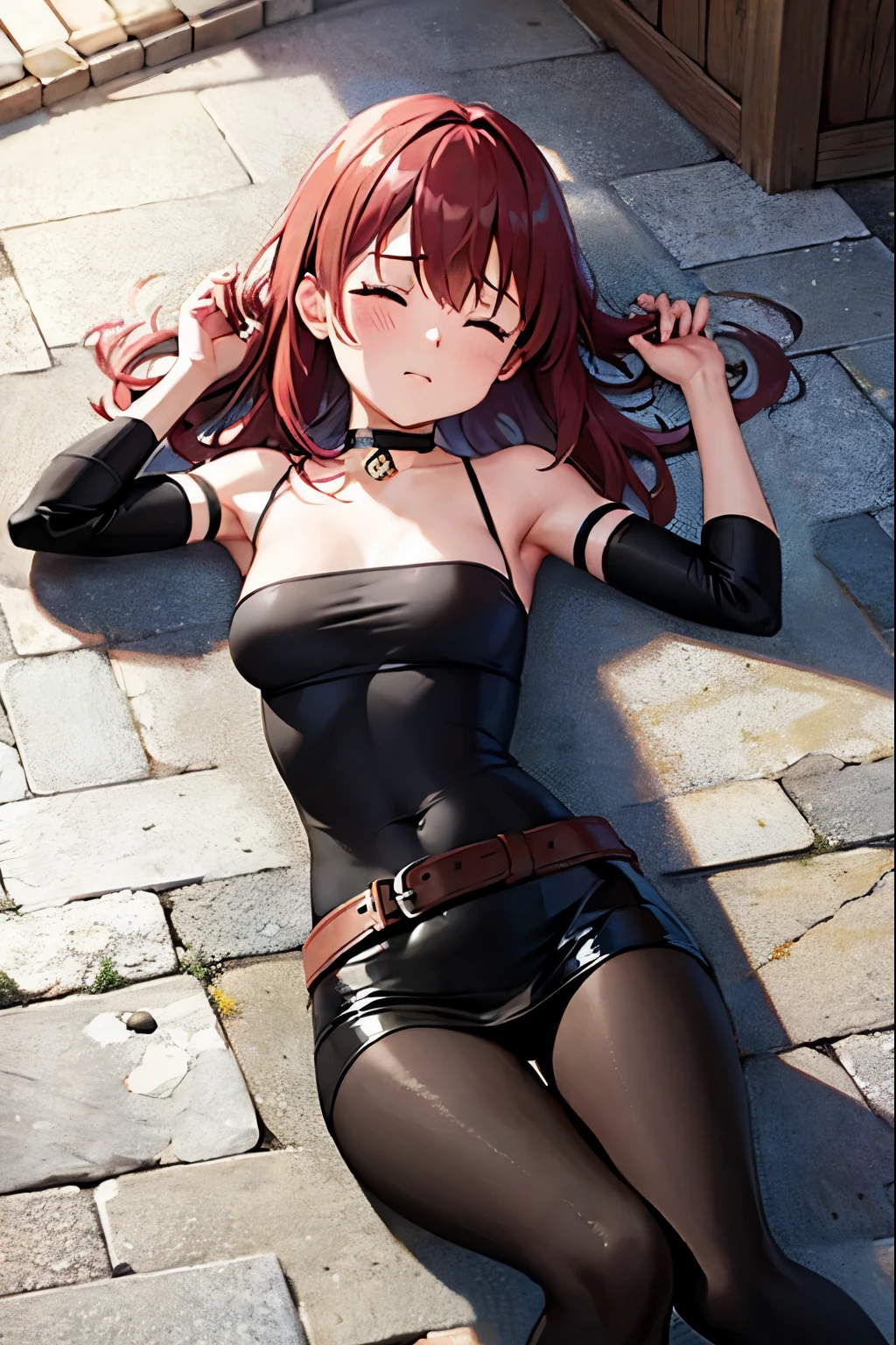 (((best quality))), (((ultra detailed))), (((masterpiece))),(((comic book))), sexy Slim ,  girl, small young body, long red hair, black hairband, black choker, medium Breasts hanging, black corset strapless tight fitting, black sexy Tiny mini Skirt, black platform high heels sandals,dbv1, orange long hair, black hairband, black choker arround neck, naked shoulders, medium Breasts hanging, purple eyes, 1girl, full body shot, long legs, black platform high heels, all fours, SIDE shot, smile, looking at viewer, city , teente, perfect body, all fours, medium Breasts hanging, black corset strapless, black panties, cute ass, Long Legs, black platform high heels sandals, looking at viewer, shame face , shame eyes, suffering face, pain face, face against the floor, hair soacking in milk, milk on her face and body, hands tied to the floor, tied girl, milking machine over the nipples, neck tied to the milking machine , milking machine connected to her Breasts sucking her Breasts, milking machine inserted inside vagina, milking machine between her legs filling big container bottle with milk, hands tied, anckles tied to the floor, body against big container filled with milk from milking machine, farm stable background, 3 more teen cutrls being milked with milking machine in the background. 、slender
 action, dynamic, speech bubbles, pow, bang.