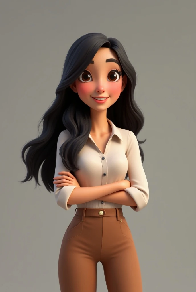  Create image of a girl with long black hair, light brown skin, smiling, arms crossed saleswoman style grey background for Pixar style sales store banner