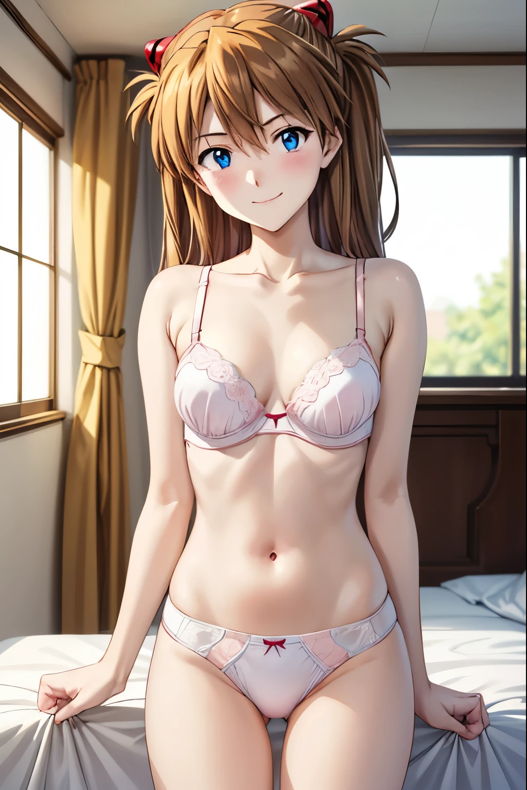  High Resolution 、Highest quality、smile、blush、Embarrassed、 shot from the front、( anime illustration style),stomach、naked、smile、Closed Mouth, Asuka Langley Soryu 、( Soryu Asuka Langley:1.2), Standing, smile,indoor, bed,  photo taken from the front , indoor, One Girl, solo, Beautiful black hair, blue charming eyes, (White, Pink underwear:1.5), smile, Hands Behind Back, (Perfect hands,  Perfect Anatomy),4K. 8k, (Real, Genuine, 写真Real：1.5 ),  Beautiful Thighs、Leaning forward:1.3