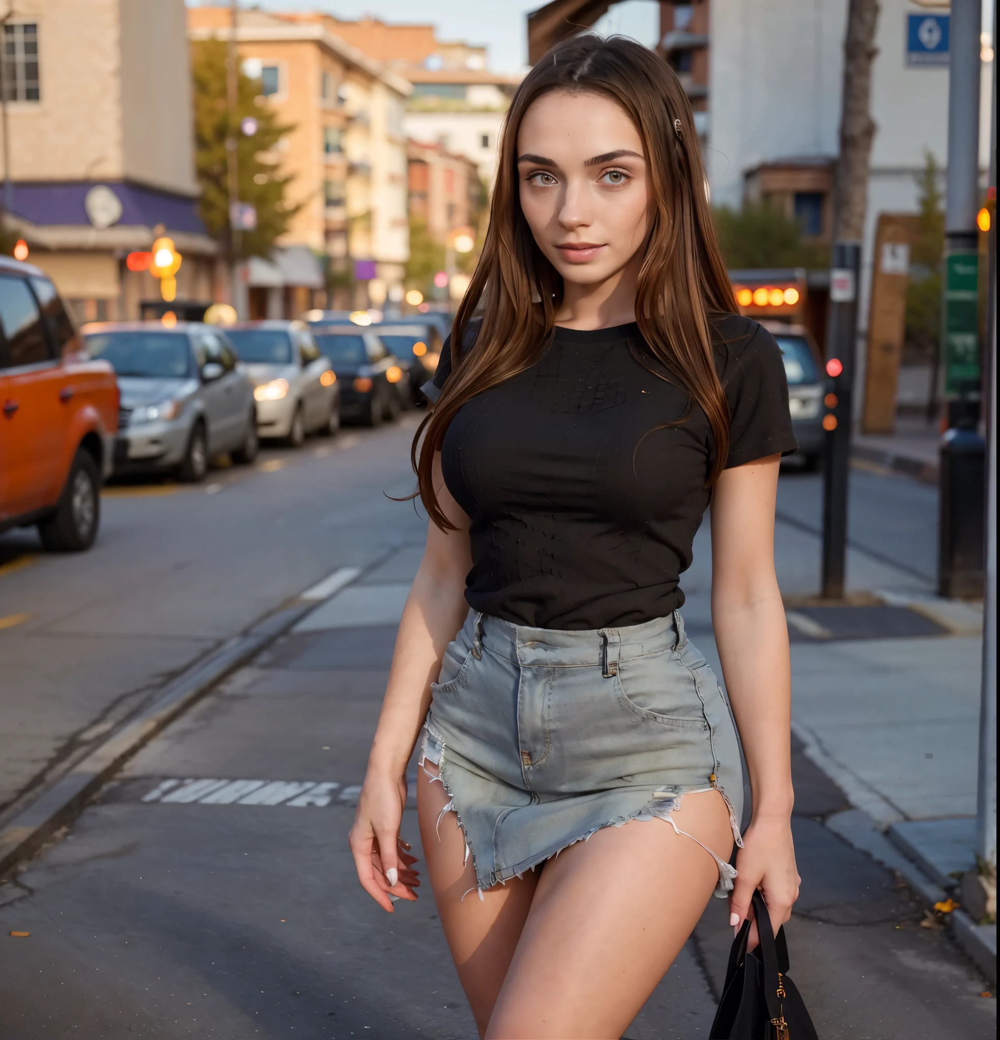 RAW photo, (a portrait photo of a woman: 1.2), ((Halloween night street: 1.1)), (highly detailed skin: 1.2), detailed eyes, best quality lighting, beautiful. sexy witch costume, black shirt, miniskirt, model legs, (high class: 1.1) (photorealistic: 1.4), (realistic: 1.3), (best quality real textured skin: 1.4), eyes with fine details, eyes of good quality. . , (increase skin texture beauty: 1.1) standing, 29 years old, , pleasure: 1.3), real clothes,