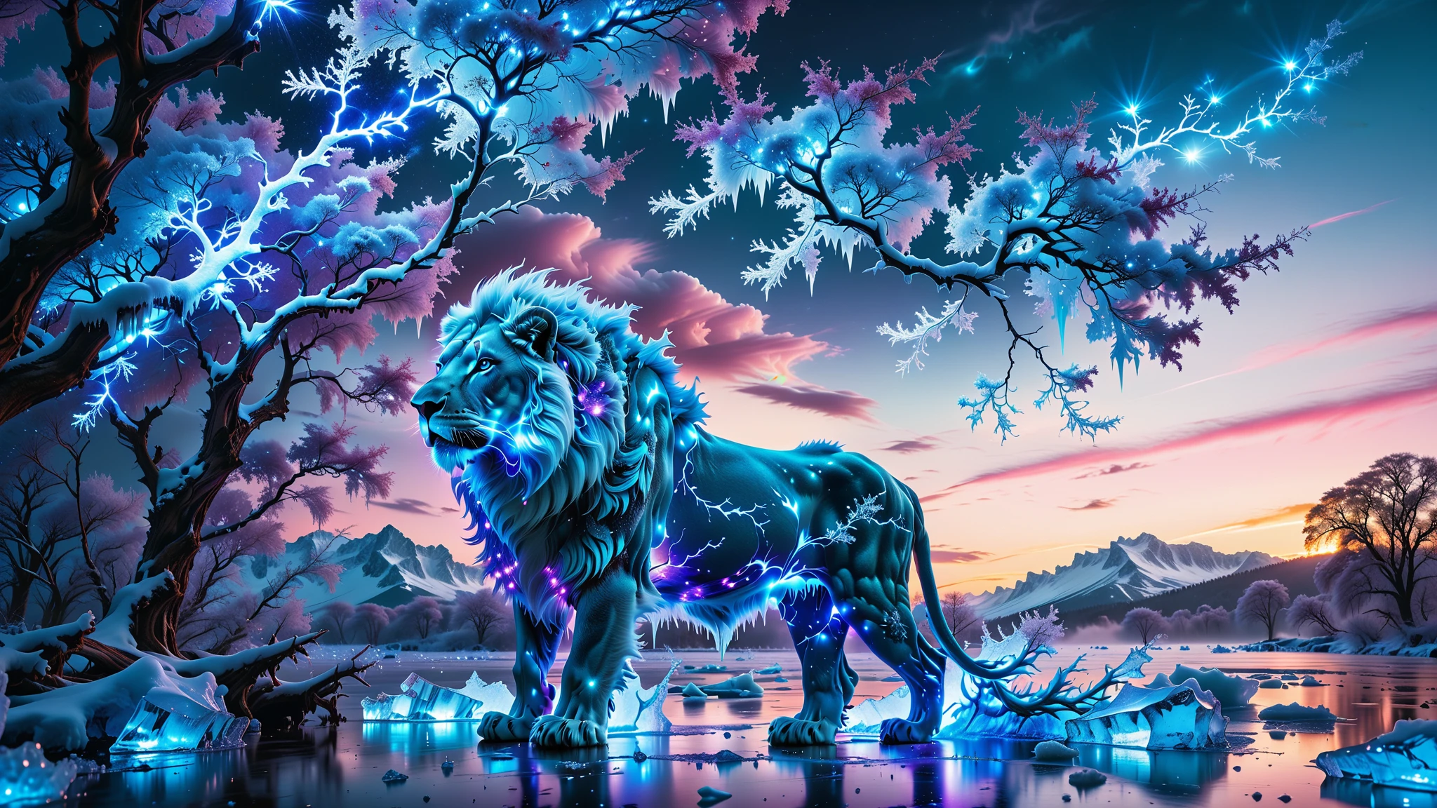 A Masterpiece In 32K Resolution, Supreme Quality, Super Detail, Official Art, Very High-Resolution 32K Wallpaper, Beautiful And Aesthetic, Ultra-Detailed Features, Awe-Inspiring Detail. Towering Bioluminescent Trees Reach Upward Into A Purple Sky, Their Branches Pulsating With Electric Blue Light. From Below Emerges A Colossal Ice Lion, Its Body Adorned With Frozen Armor-Like Fur. Its Fierce Face Glints In The Light, And Frosty Breath Leaves Trails Of Sparkling Ice In The Air. Majestic Floating Creatures Drift Through The Atmosphere, Their Silhouettes Merging With The Enchanting Landscape.