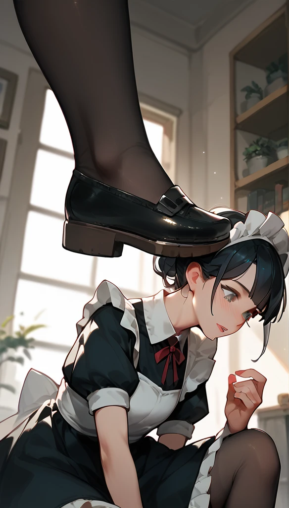 Anime Women, Maid,  stockings, raised leg, Stomping of feet on throat, Stomping of feet on neck, looking down, head out of frame, throw