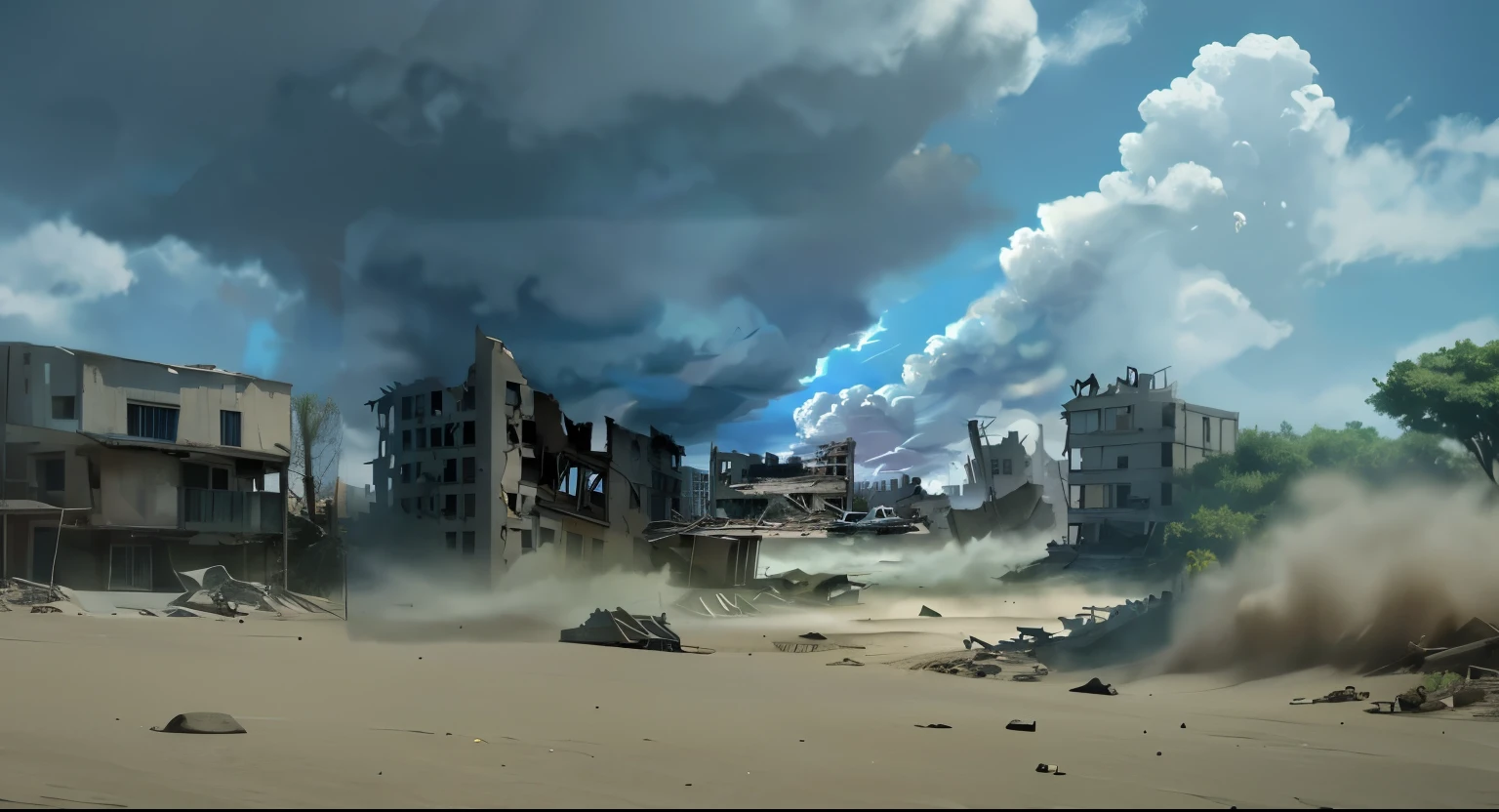 Amazing detailed photography of a prefect post apocalyptic abandoned town in Afghanistan, damaged buildings, sand covered, windy, empty town, garbage and wreckage, 1guy in a long black overcoat with a scarf and goggles standing in the center of the frame, cinematic, eerie, dusty, lonely, scary, tpmm 1.4,cinematic, drama, Cinematic light, soft light