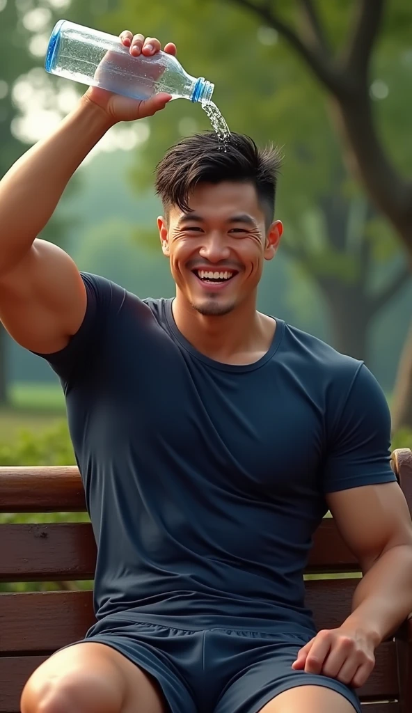 photorealistic, best quality, masterpiece, extremely detailed, sexy, homoerotic, extremely handsome, youthful, 25 year old muscular taiwanese man, ((muscular bodybuilder)), ((massive thighs)), tight booty shorts, big bulge, very sweaty, big smile, happy, sitting relaxed on bench, pours water out of water bottle on his head, at park, extremely romantic atmosphere, perfect face, perfect fingers, perfect hands, perfection