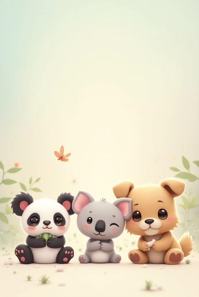  A series of animals like a  panda, a sleepy koala, a curious kitten, and a playful puppy, each designed with exaggerated, large eyes and a soft pastel palette. The animals are in playful poses, like the panda eating bamboo, the kitten chasing a butterfly, and the puppy holding a bone. 