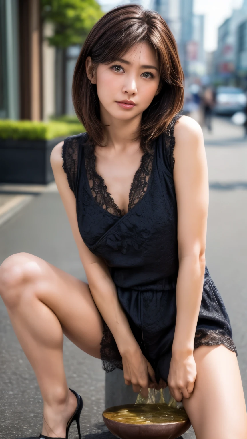 high resolution photograph of a Japanese mature women, (realistic, photo realistic:1.2), (best quality, masterpiece), RAW photo, intricate details, extremely detailed, sharp focus, professional photography, cinematic lighting, solo, 1girl, (tall woman), (short hair,dark hair), (summer dress, medium breast:1.2), high heels, pale skin, fair skin, (detailed face, detailed eyes, beautiful pupils, sophisticated nose, lewdlook), (peeing self, urinate a lot while standing upon a little-bowl on the ground with spread legs apart, pissing in a little-bowl:1.6), photo background, outdoors, urban scape, blue sky and clouds,