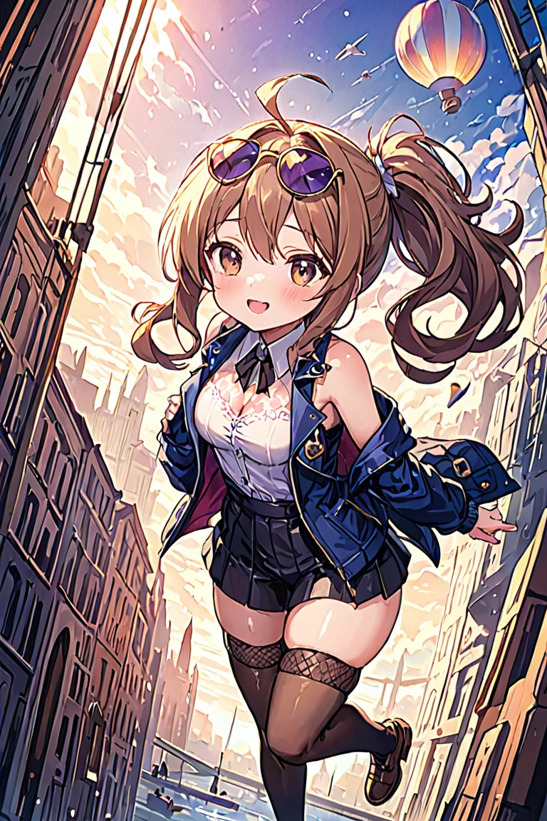huge，brown hair，fox ears，Teenage girl，short skirt，Teasing the villain，A giant girl taller than a building，穿White过膝袜的，city-destroying，miniature city，low angle of view，shrouded in the villain，White，arrogant，Holding a little man in hand，squatting