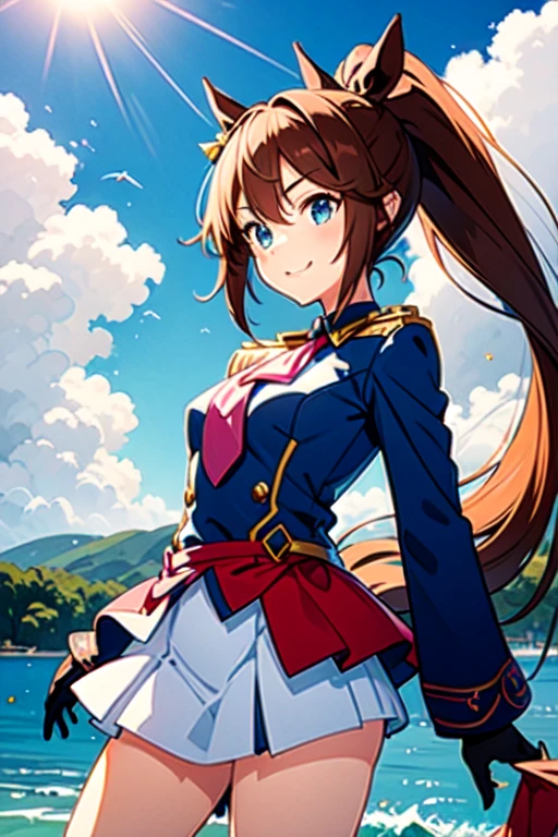 Tokai Teio,smile,high ponytail,fake animal tails,girl,nsfw,masterpieceHighly detailed backgrounds,best quality,smug,Near the sea,pilot suit