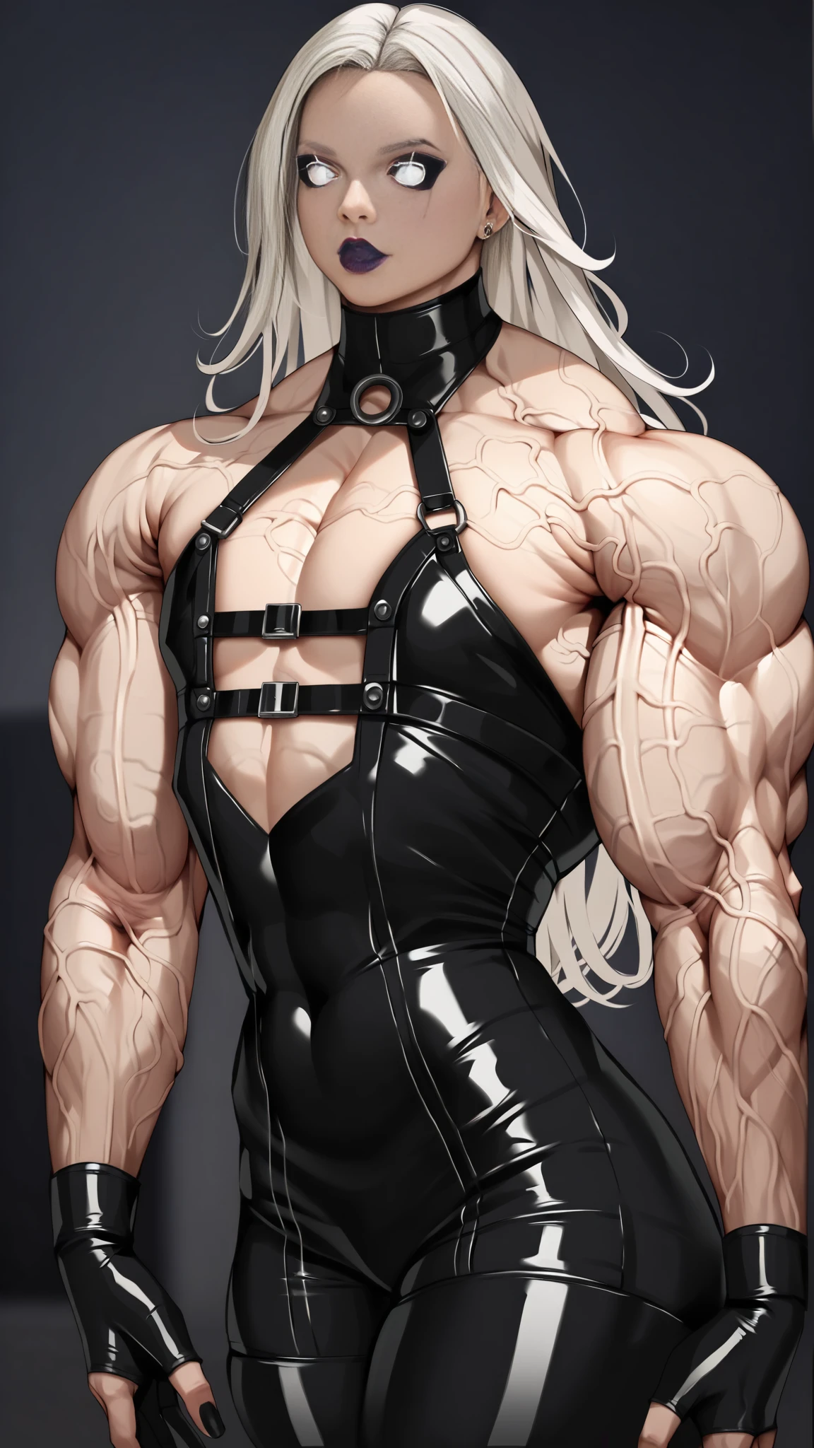 score_9, score_8_up, score_7_up, photo, photorealistic, Gorgeous sexy muscular (skinny) Lady Death, (white eyes, white sclera:1.25), latex body harness, thigh high boots, goth makeup, (masculine muscular physique:1.5), long white hair, (veiny muscles:1.5), flat chest, (Wide chest & shoulders:1.5), (skinny legs:0.6), sinozick style, skindentation, 