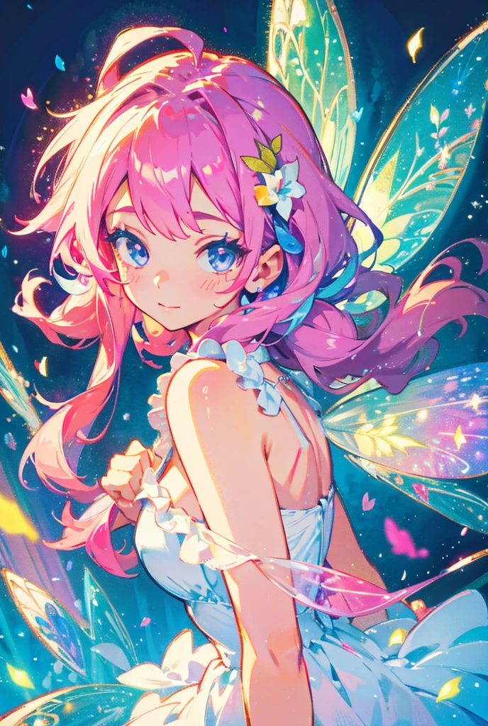 Flutter is a pink girl  butterfly with multicolored wings with the colors sea green, blue, gold, purple, and pink, turquoise antennae, yellow legs, and a white face . SPARKLE; GLITTER