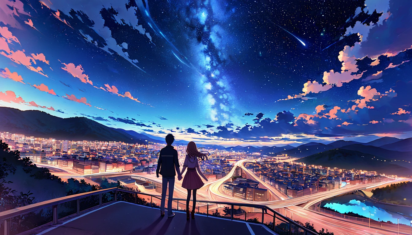  Night view seen from the top of the mountain ，Starry Sky，Late Night，  The middle of the photo is a cityscape and a highway in the distance， The main anime couple holding hands ， The main anime couple standing with their backs to the camera ,Holding hands up close  ， Stay away from the camera ， looks more spacious  。