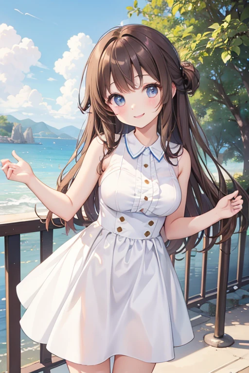 Kotori Minami, kotori minami, brown hair, (brown eyes:1.5),, long hair,blush,smile,ビーチのsandy beachを散歩しながら、brown hair fluttering in the breeze, A large straw hat with a hibiscus on it,off shoulder dress,long skirt,barefoot、Light of the sun,Palm tree,whole body,
break outdoors, sandy beach, seaside,
break (masterpiece:1.2), highest quality, High resolution, unity 8k wallpaper, (figure:0.8), (detailed and beautiful eyes:1.6), highly detailed face, perfect lighting, Very detailed CG, (perfect hands, perfect anatomy),