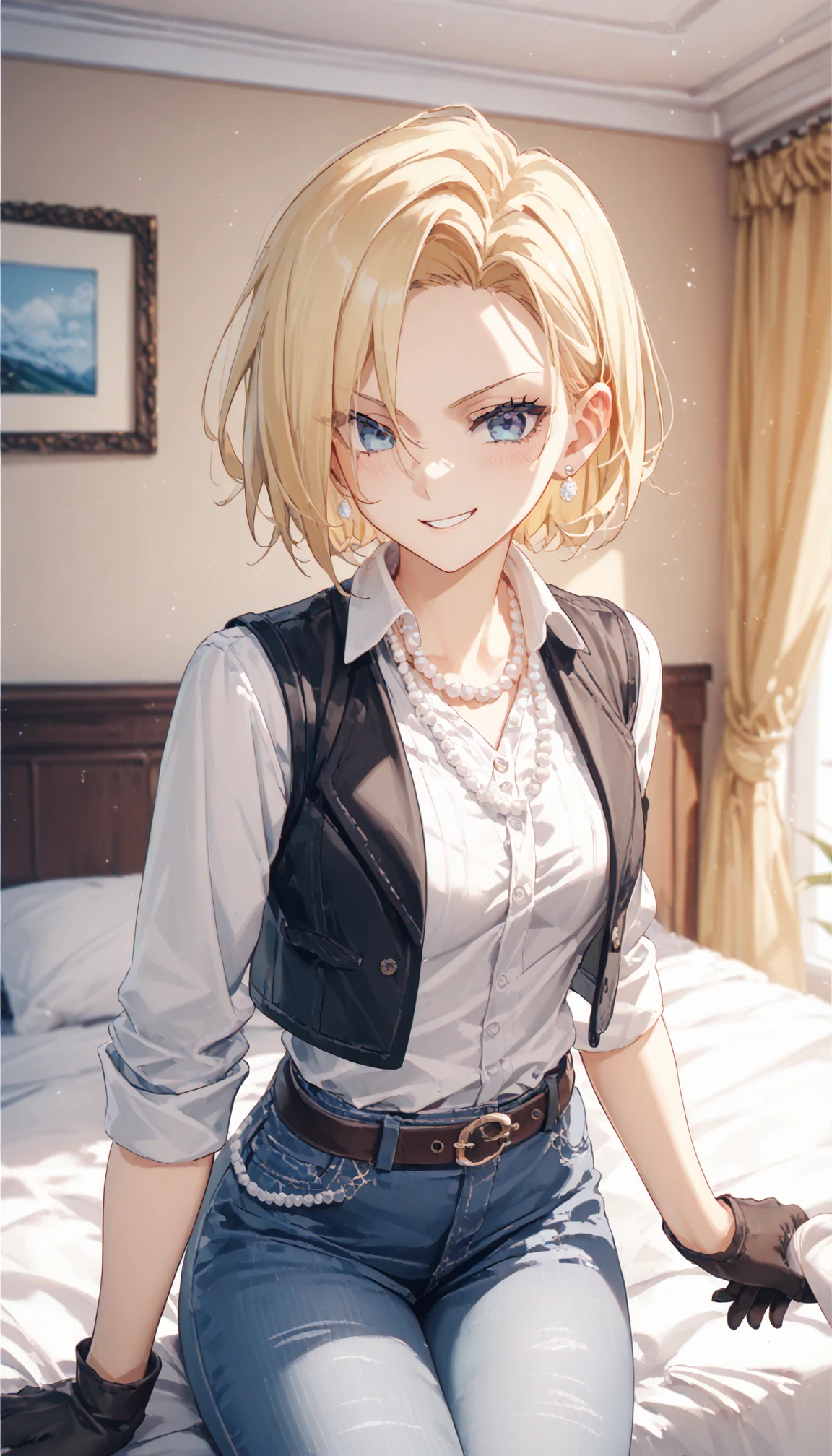 score_9,score_8_up,score_7_up,masterpiece,best quality,absurdres,highres,intricate details,8k,sharp focus, (perfectatomy),source_anime blonde,blue eyes,short hair,earrings,black open vest,jeans,belt,black gloves,white shirt,pearl necklace,smirking,{{penis awe}},handjob,{{movement line}},{{penis shines}},indoors,on bed above