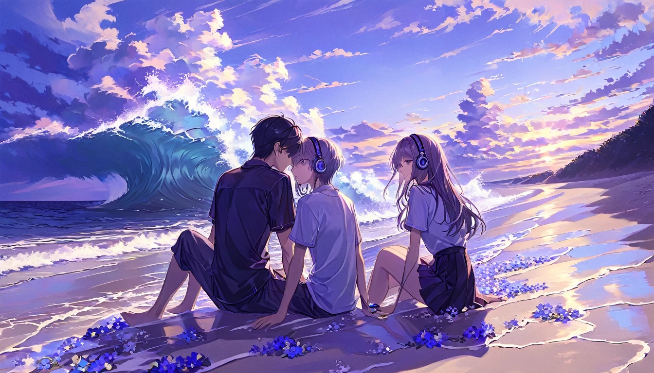  a  girl and an adult bTwo brothers sitting on a dark beach ， The beach is covered with pulsating waves ， purple and blue flowers blooming in the sea， There is silver sand under the room ， Two people are sitting on the silver sand 。 I'm watching the purple sunset ，I can't see my face 。 Five people are wearing short-sleeved shirts ，Wearing headphones，The girl wears a short skirt，Long hair， leaning on a man's lap 