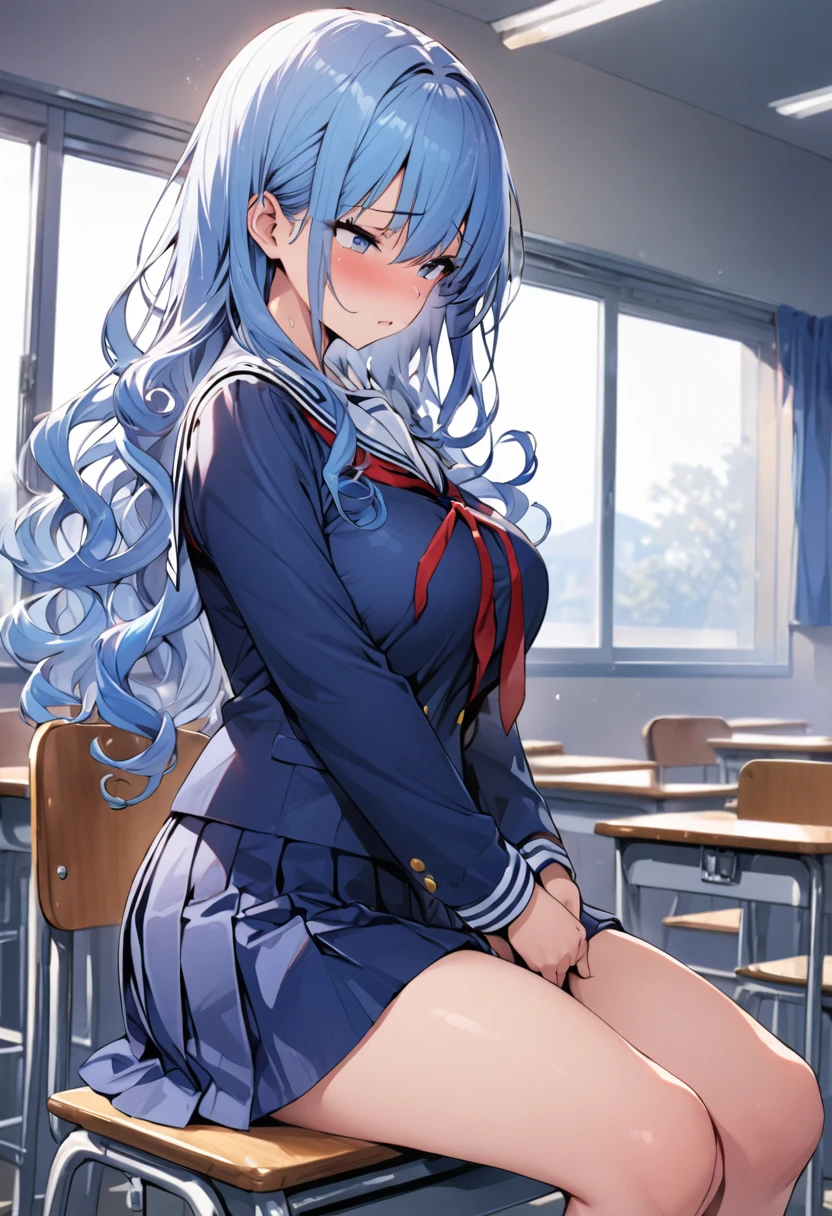 blue hair, big breasts, high school girl, blue eyes, classroom, masterpiece, sailor suit, school ribbon, sailor suit, white sailor suit, school ribbon, red ribbon, blue skirt, miniskirt, blazer, loose curly hair, smooth curly hair ,long hair,sitting,During class,desk, left hand in crotch,Angle from the side,masturbation,the girl is facing forward