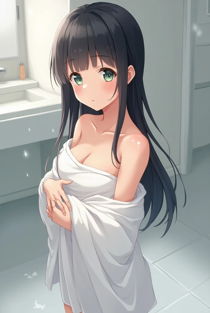 (best quality, ultra-detailed, high resolution, extremely detailed CG, unity 8k wallpaper, official art, detailed background, caustics),1girl, solo,  nsfw, nice hands, perfect hands, very petite, loli, child, kawaii, naughty face, black hair and long hair, blunt bangs, small breasts, toddler body, open towel, towel, bath towel, wet towel, completely nude, nipples, collarbone, groin, pussy,  steam, wet, cowboy shot, standing, embarrassed, shy, shame, shameful, shamefaced, bored, full-face blush, bathroom, looking at viewer, dutch angle, 🎨, 🍑, 🔞, 💦, 🚿