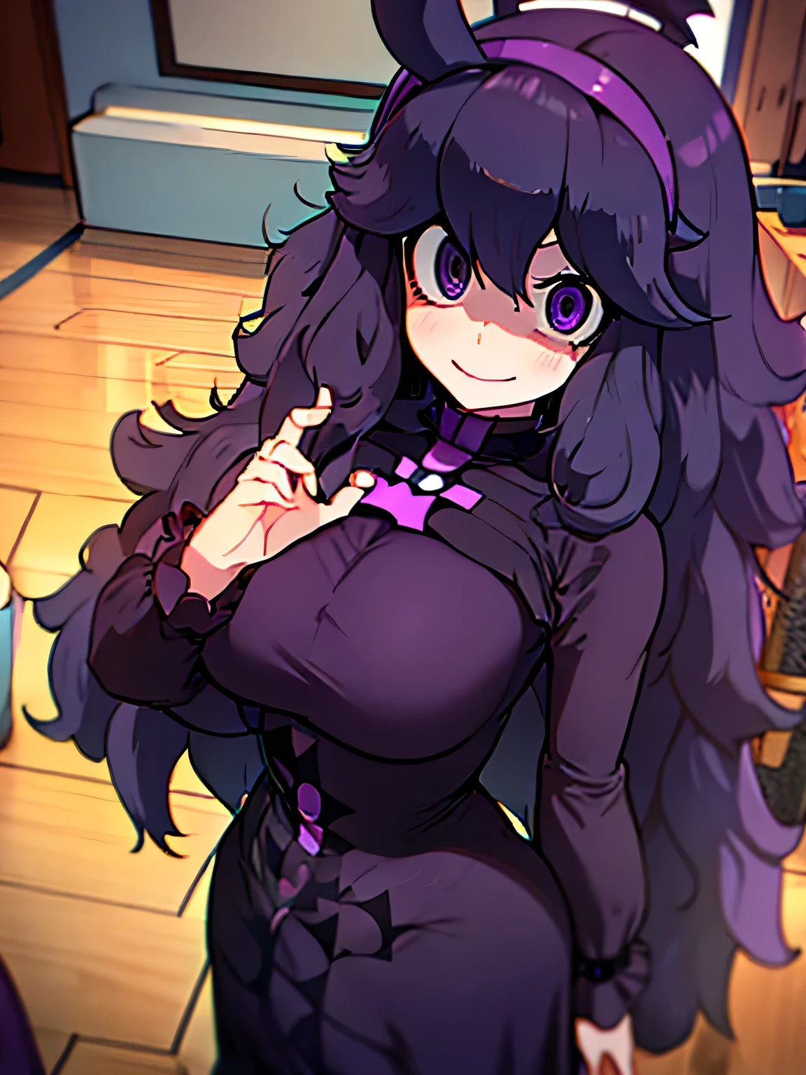 masterpiece,anime screencap,source_anime,highly detailed eyes,highly detailed face,highly detailed girl,simple background,face focus,(hex maniac:1.5), hairband, messy hair, (purple eyes:1.1), purple hair, purple hairband, @ @,
black dress, dress, long dress, long sleeves, juliet sleeves,standing,contrapposto,model posing,life drawing,big hips,rim light