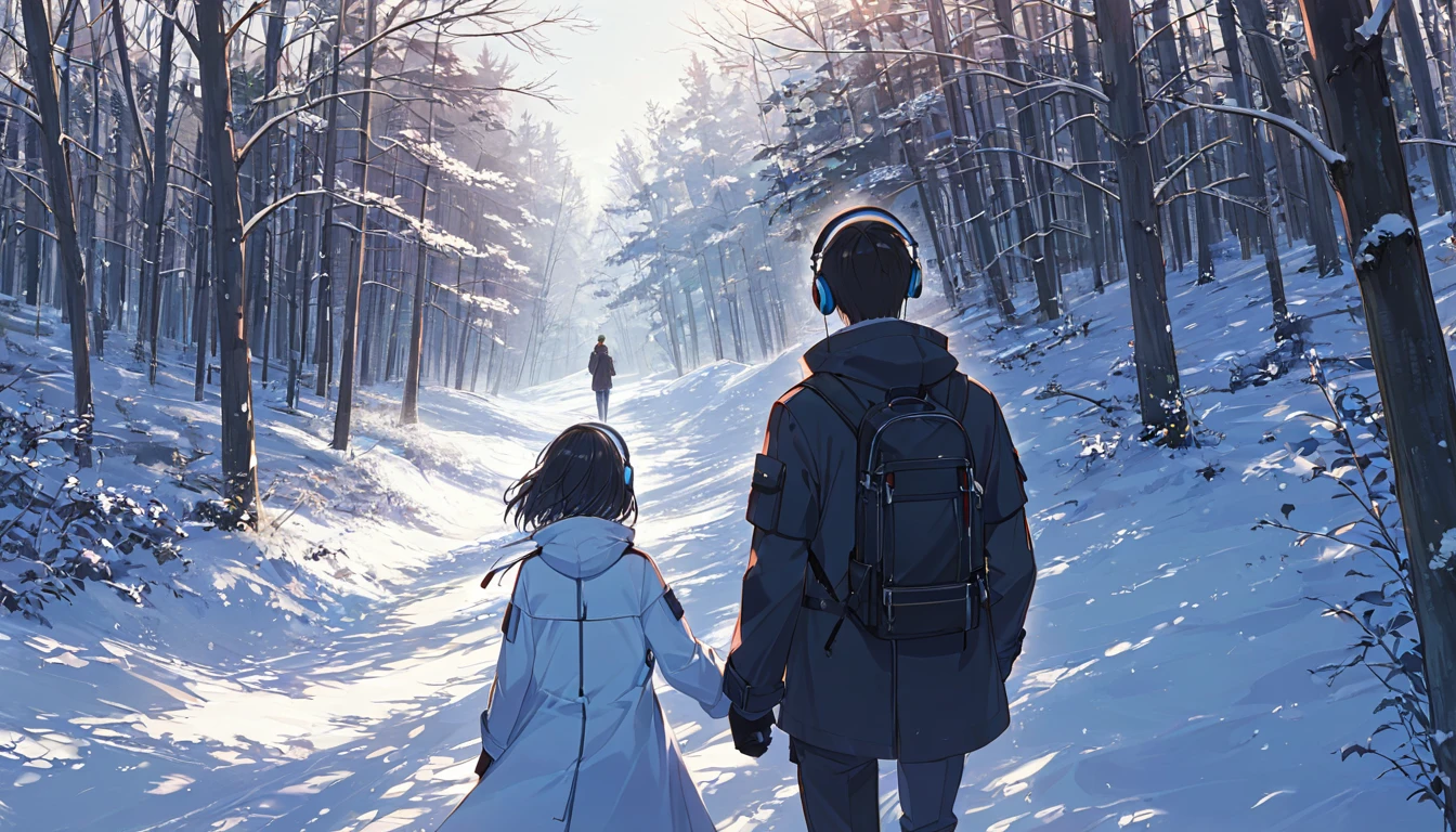  The main anime couple is walking in the forest ，The ground is covered with snow ，Short hair man，Long hair woman，Wearing headphones，ROMANTIC SCENE ，Standing with their backs to the camera ，close up， Every element is moved out of the camera for more space。