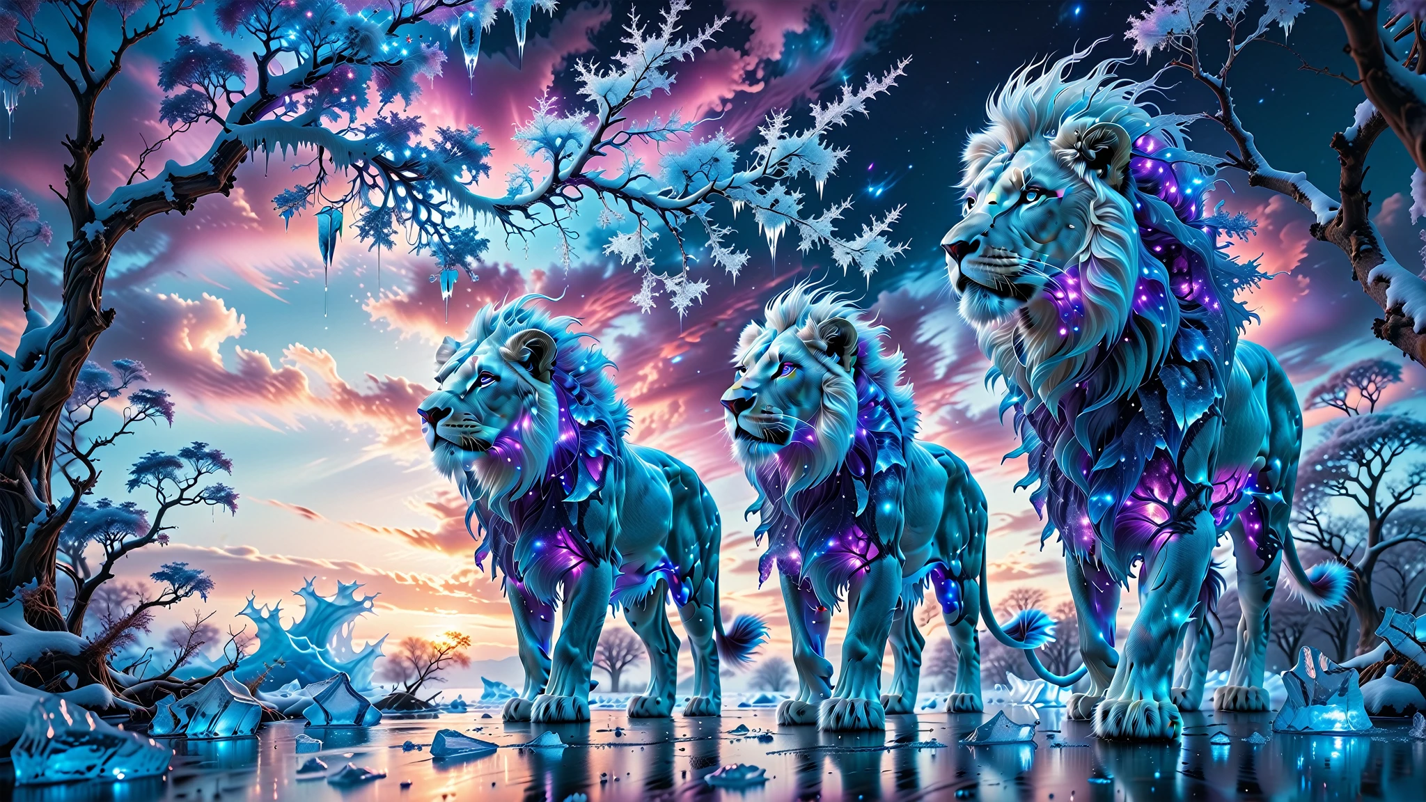 A Masterpiece In 32K Resolution, Supreme Quality, Super Detail, Official Art, Very High-Resolution 32K Wallpaper, Beautiful And Aesthetic, Ultra-Detailed Features, Awe-Inspiring Detail. Towering Bioluminescent Trees Reach Upward Into A Purple Sky, Their Branches Pulsating With Electric Blue Light. From Below Emerges A Colossal Ice Lion, Its Body Adorned With Frozen Armor-Like Fur. Its Fierce Face Glints In The Light, And Frosty Breath Leaves Trails Of Sparkling Ice In The Air. Majestic Floating Creatures Drift Through The Atmosphere, Their Silhouettes Merging With The Enchanting Landscape.