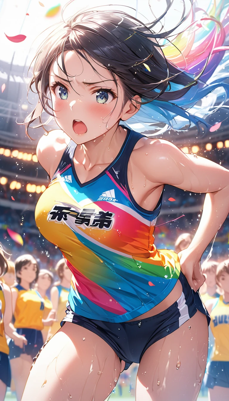 (Sports magazine cover photo), Highest quality, Great quality, 16K, Unbelievably absurd, Very detailed, delicate and dynamic, Natural light, The particles reflect light, Diffuse reflection of light, Many rainbow-colored petals fall, Beautiful truck studium, Sparkling Sun, Diffuse reflection of light, Create amazing image effects, , Wet, sweating, high jump competition, Close-up(Cute sexy girl, big bouncing busts, Sensual expression, Cool girl, Serious, passion, Dynamic, Flashy track and field uniform, audience , much-air-laden cheer)