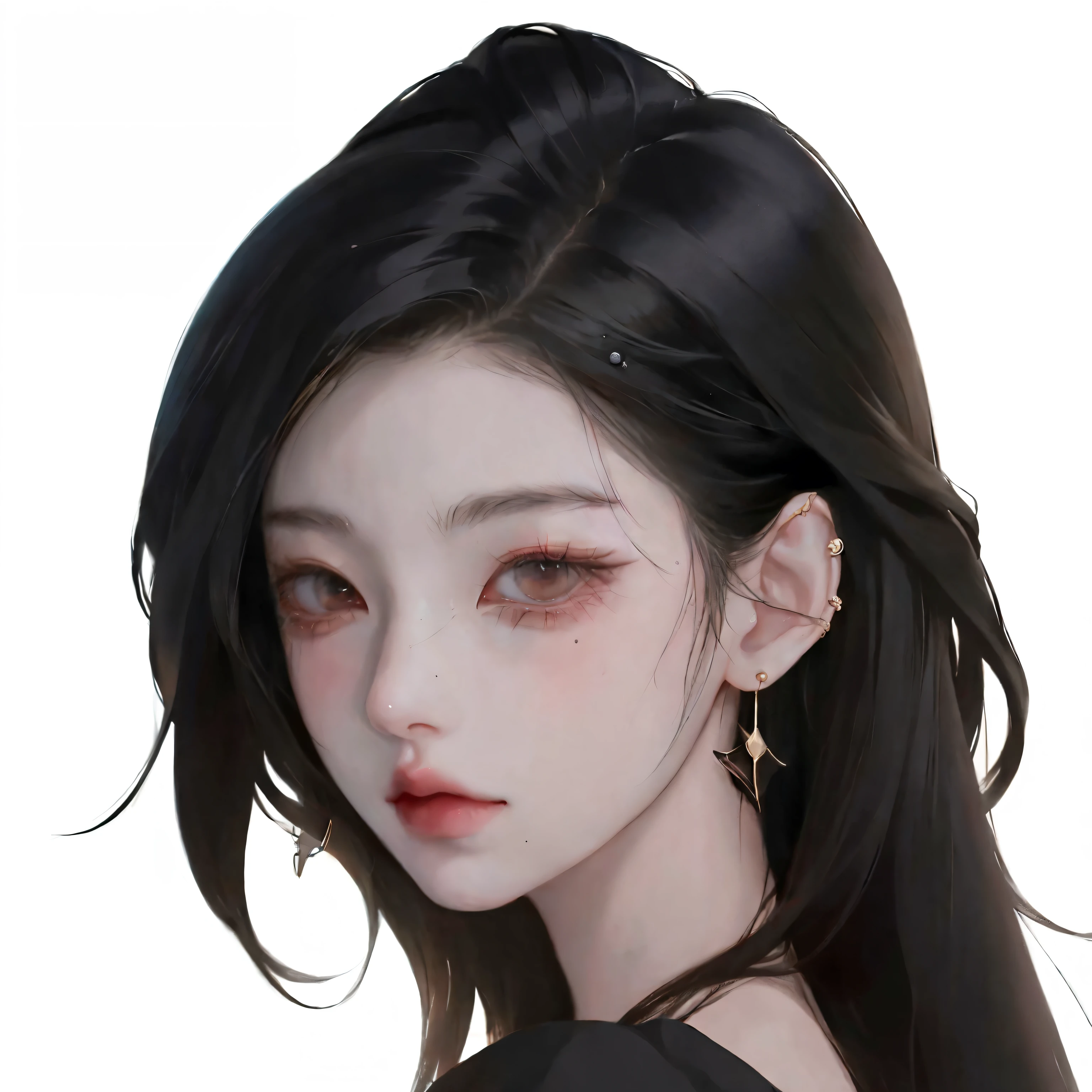 Anime girl with long black hair and earrings wears black dress, artwork in the style of Guvice, Guvice, By Yang J, Amazing Anime Faces, by Li Song,  created by an anime drawing studio , IG model | Artgerm, detailed portrait of anime girl, Popular on cgstation, It is true. translate, Beautiful anime images, Portrait of Ross Row 