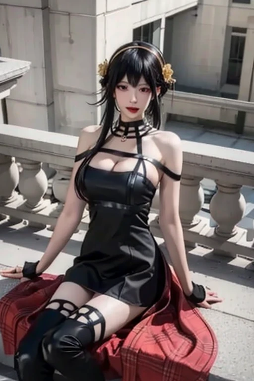 (Highest quality, 4K, masterpiece :1.3), Beautiful woman, Surreal, 1 girl,),Ajolf, Side Lock,Short hair and long straight hair, Gold Hair Band, Gold earrings, Gold Hair Ornament, Big Breasts, Exposing shoulders, Black Dress, Double-sided dress with red rose cape, choker, Thigh-high boots, , Fingerless gloves, Thigh-high boots,Slender beauty, (Huge breasts, Attractive body :1.2), Abdominal exercises :1.1, Long black hair 1.1, Highly detailed face, Lip details, Beautiful Eyes, double eyelid, Sexy low neck dress, Open neckline, Twisting waist pose, Visible curves,Muscular, Bent legs, Yugal, masterpiece, Highest quality, High resolution, aaYugalf,Cowboy Shot, Are standing, Looking at the audience, Outdoor, night, (Perfect Anatomy:1.Big Ass, jewelry, Off the shoulder, Black Pantyhose, Cute Smile, Beautiful and bright lighting, Beautiful breasts,Place your hands behind your back,